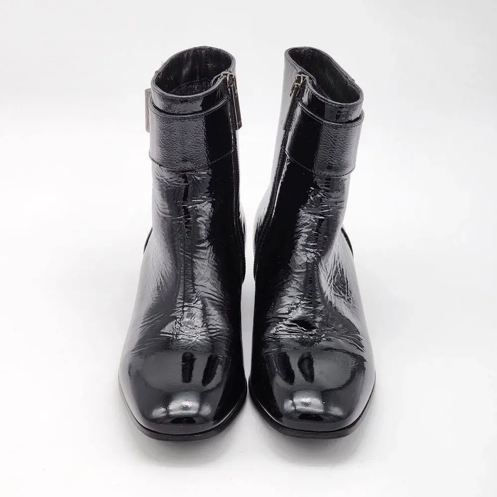 Aquatalia Lupita Sleek Patent Leather Buckle Ankle Boot Booties Black Size 6